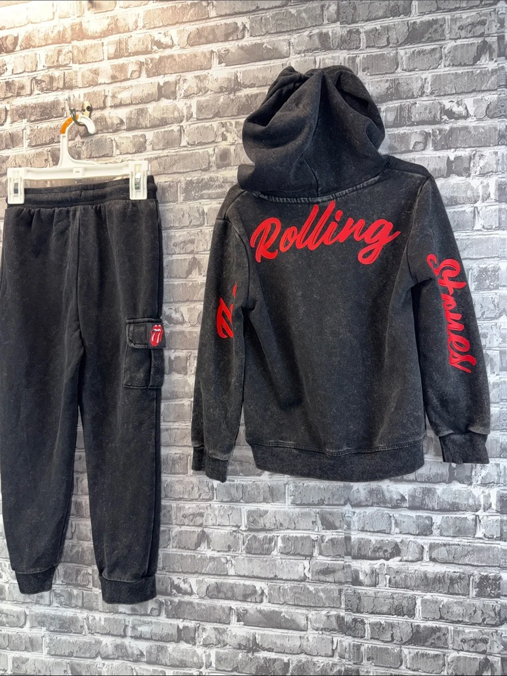 The Rolling Stones Kids Black Hoodie & Jogger Set with Iconic Tongue Graphic